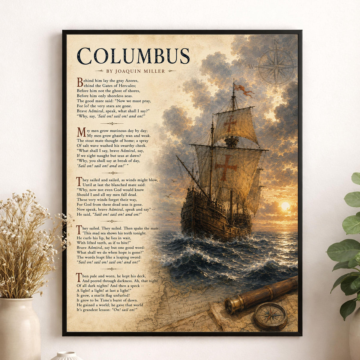 Columbus Poem Art Print by Joaquin Miller, Sail On Literary Wall Art, Christopher Columbus Ship Print, Nautical Poetry Decor