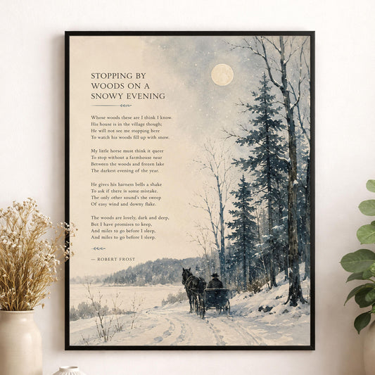 Stopping by Woods On A Snowy Evening Art Print | Robert Frost Quote | Poetry | Literary | Home Decor