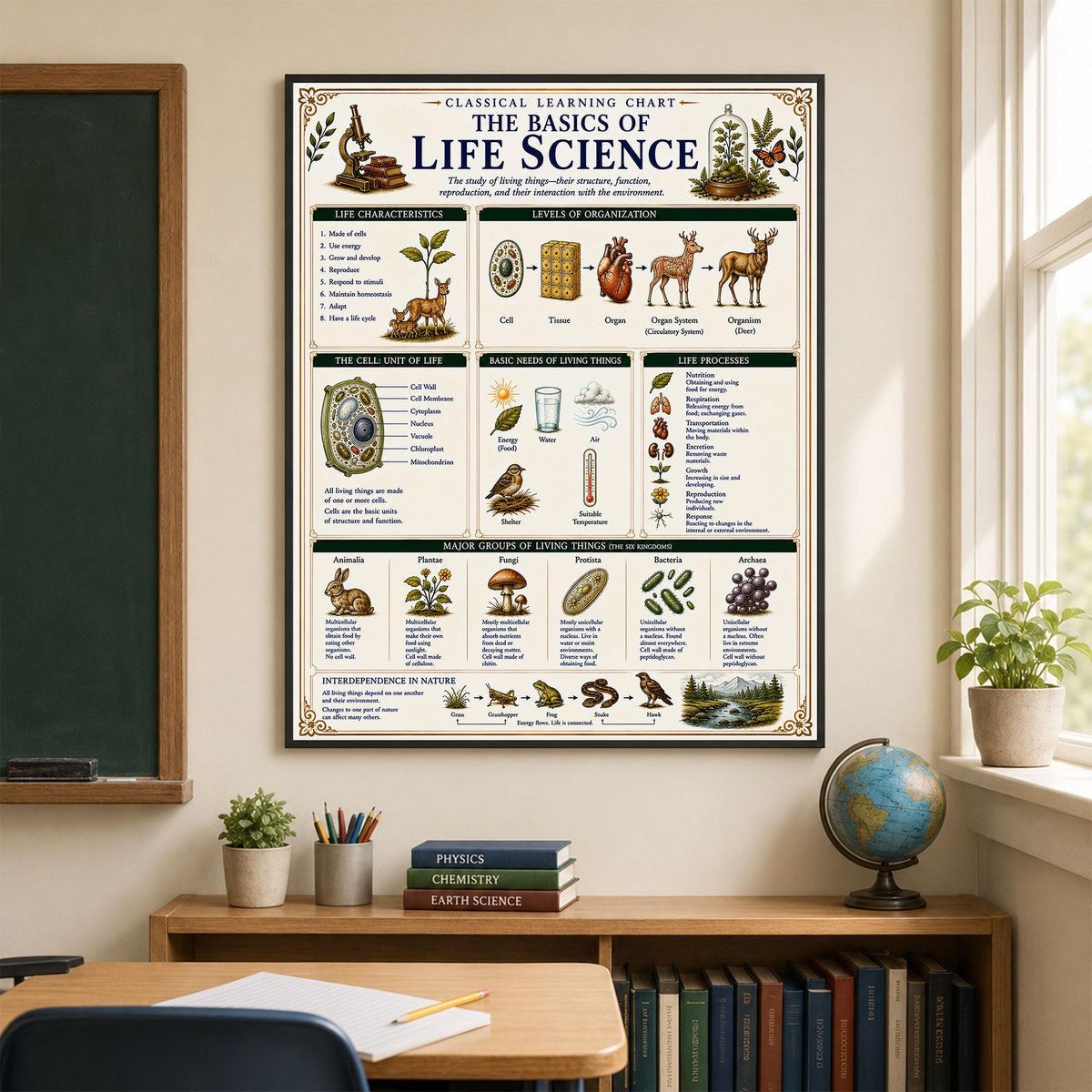 Life Science Biology Chart Wall Art Print, Classical Learning Poster, Teacher Classroom Reference, Homeschool, Science Room Decor