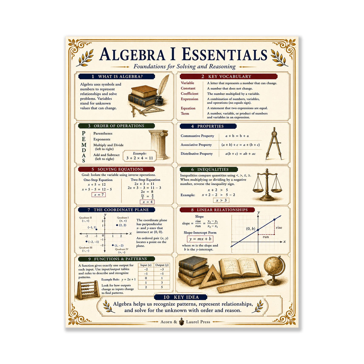 Algebra I Math Essentials Wall Art Print, Classical Learning Chart Poster, Educational, Homeschool Classroom, Study Home Room Decor