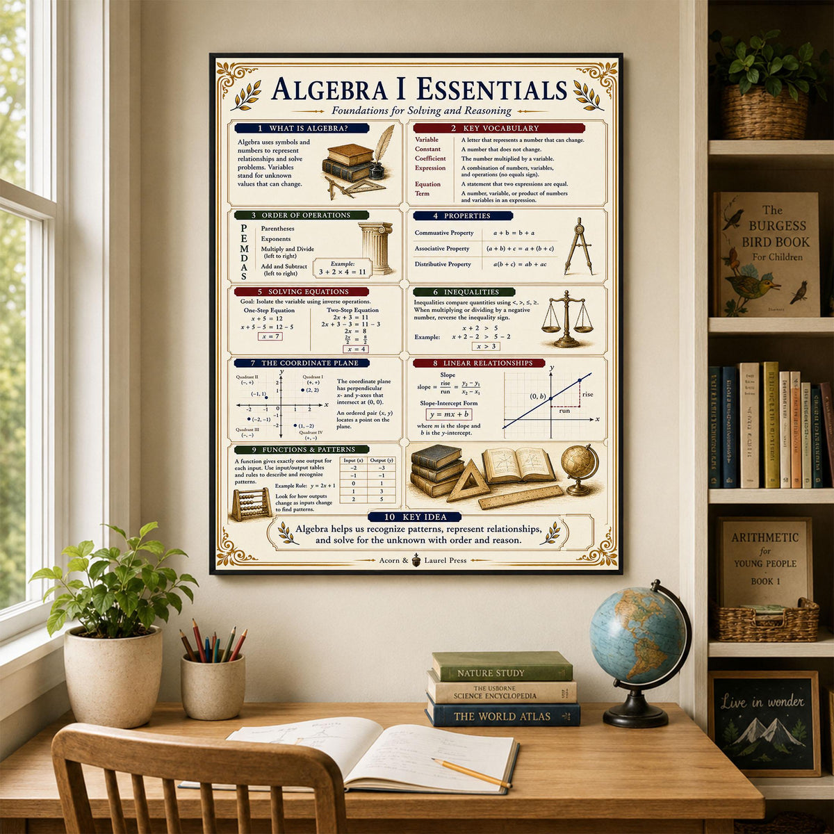 Algebra I Math Essentials Wall Art Print, Classical Learning Chart Poster, Educational, Homeschool Classroom, Study Home Room Decor
