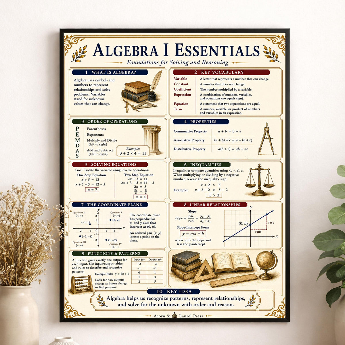 Algebra I Math Essentials Wall Art Print, Classical Learning Chart Poster, Educational, Homeschool Classroom, Study Home Room Decor