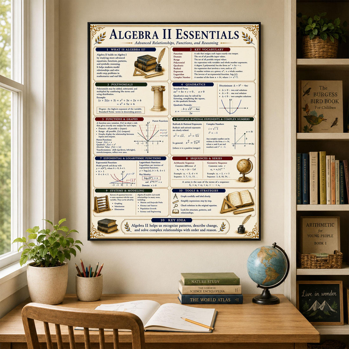 Algebra 2 Math Essentials Wall Art Print, Classical Learning Chart Poster, Educational, Homeschool Classroom, Study Home Room Decor