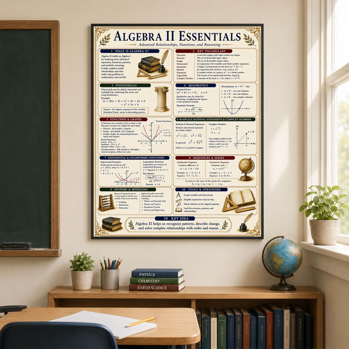Algebra 2 Math Essentials Wall Art Print, Classical Learning Chart Poster, Educational, Homeschool Classroom, Study Home Room Decor