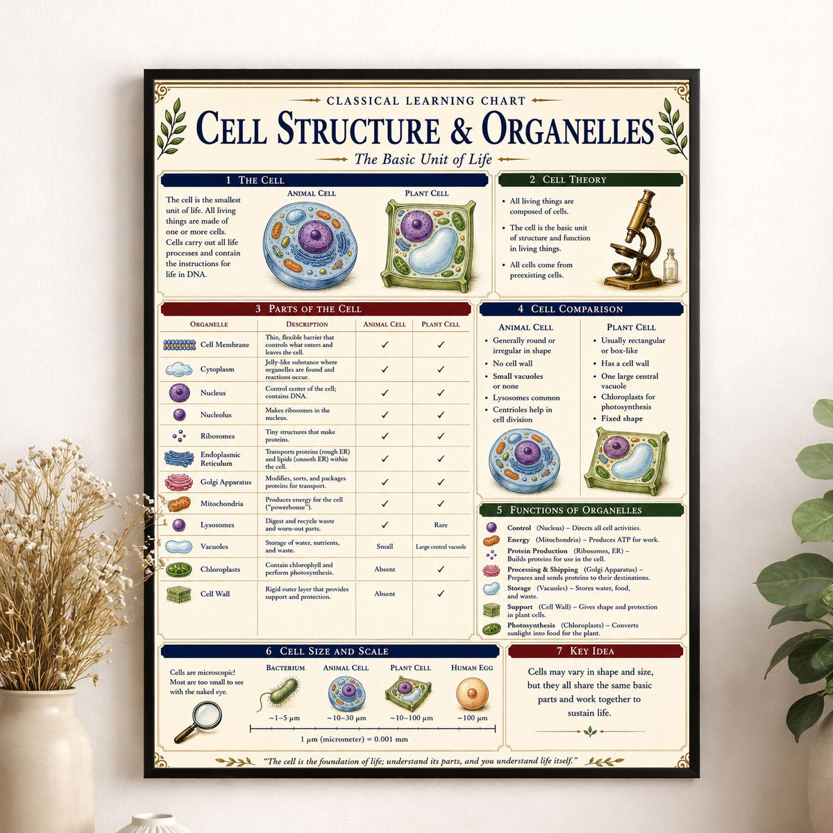 Cell Structure Biology Chart Wall Art Print, Classical Learning Poster, Teacher Classroom Reference, Homeschool, Science Room Decor