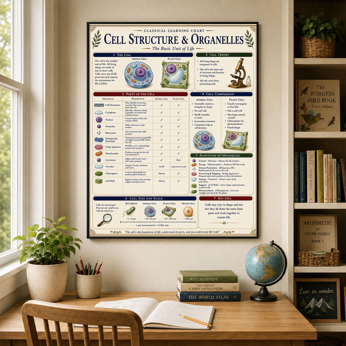 Cell Structure Biology Chart Wall Art Print, Classical Learning Poster, Teacher Classroom Reference, Homeschool, Science Room Decor