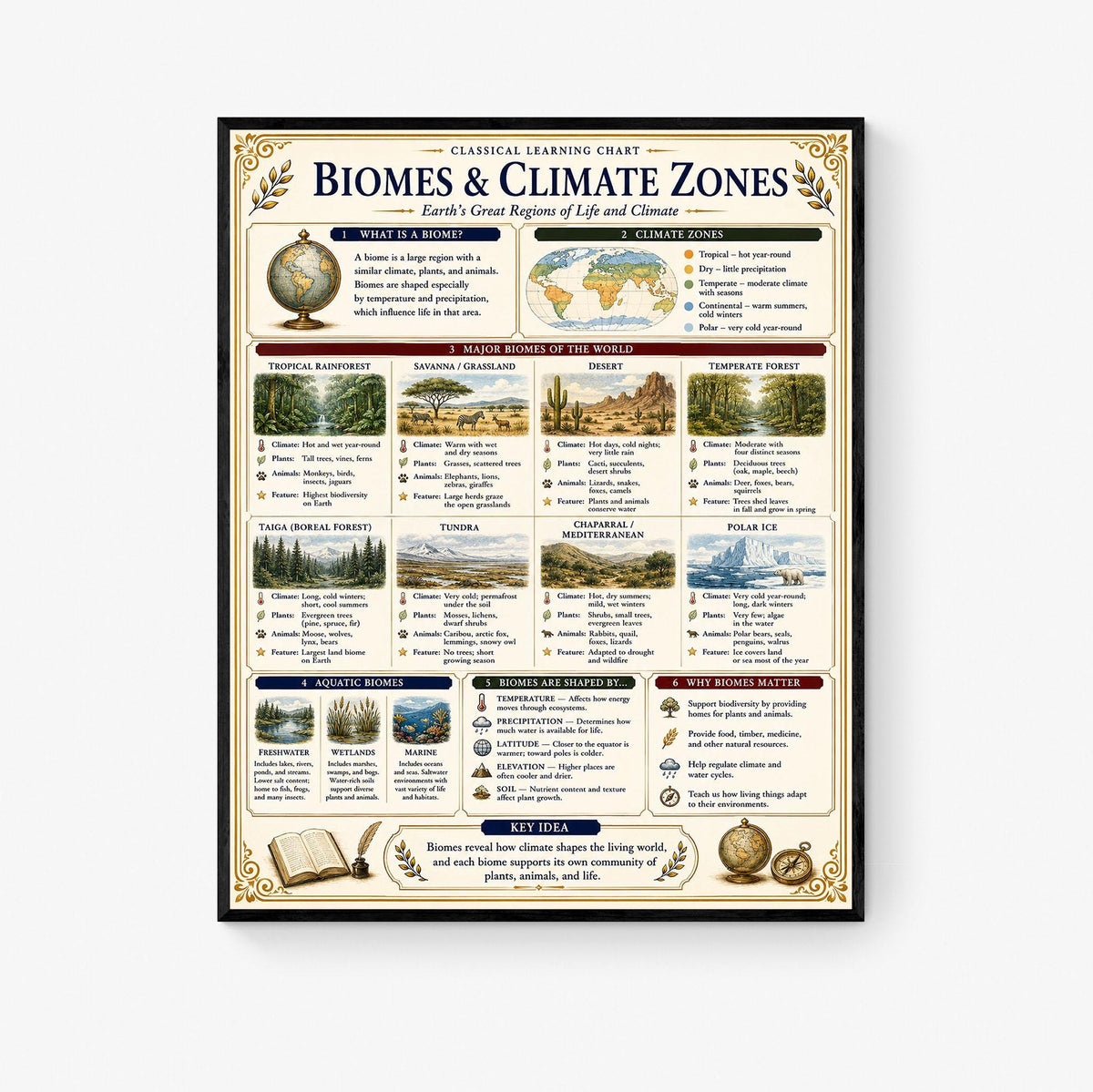 Biomes and Climates Chart Wall Art Print, Classical Learning Poster, Science Teacher Classroom Reference, Homeschool, Study Room Decor