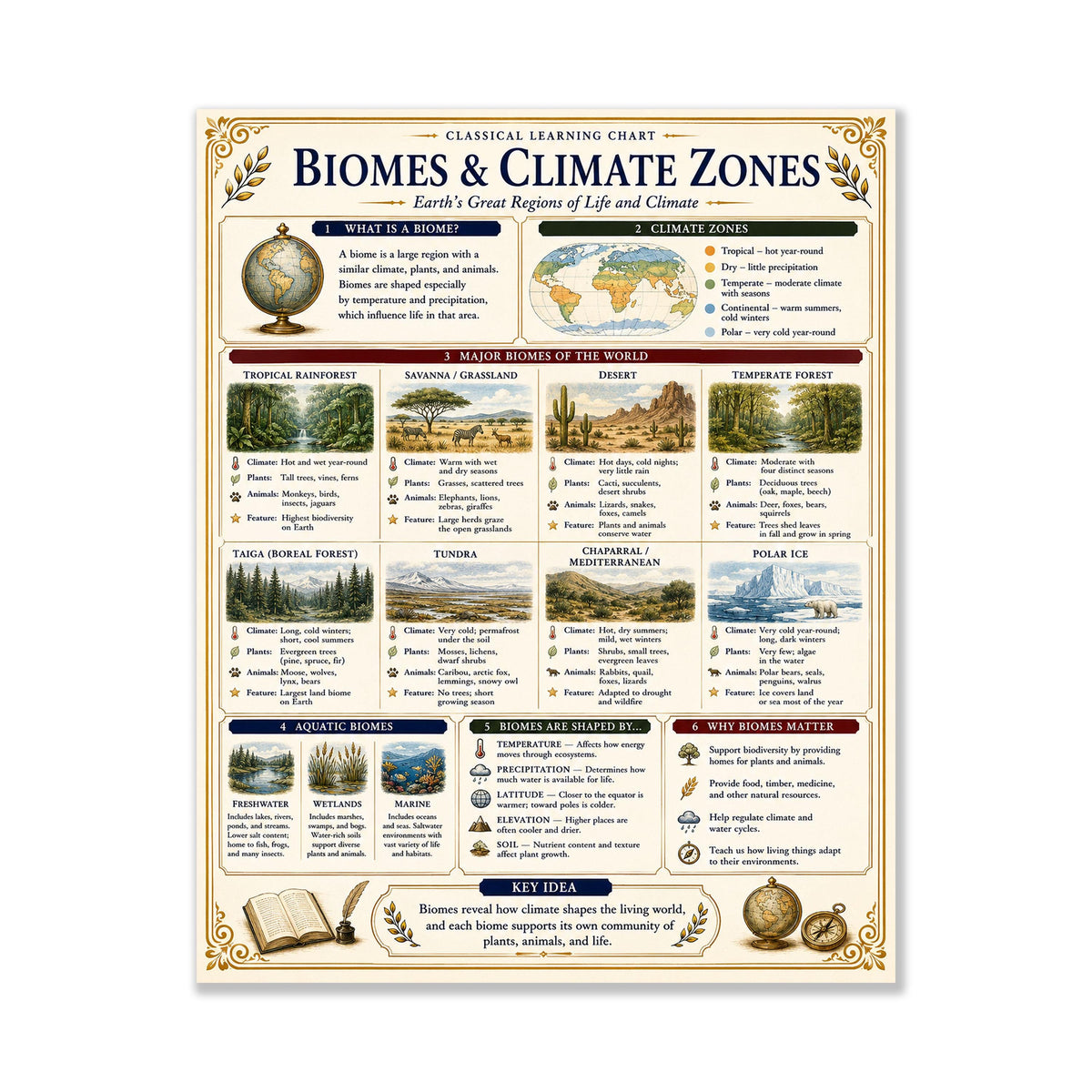 Biomes and Climates Chart Wall Art Print, Classical Learning Poster, Science Teacher Classroom Reference, Homeschool, Study Room Decor