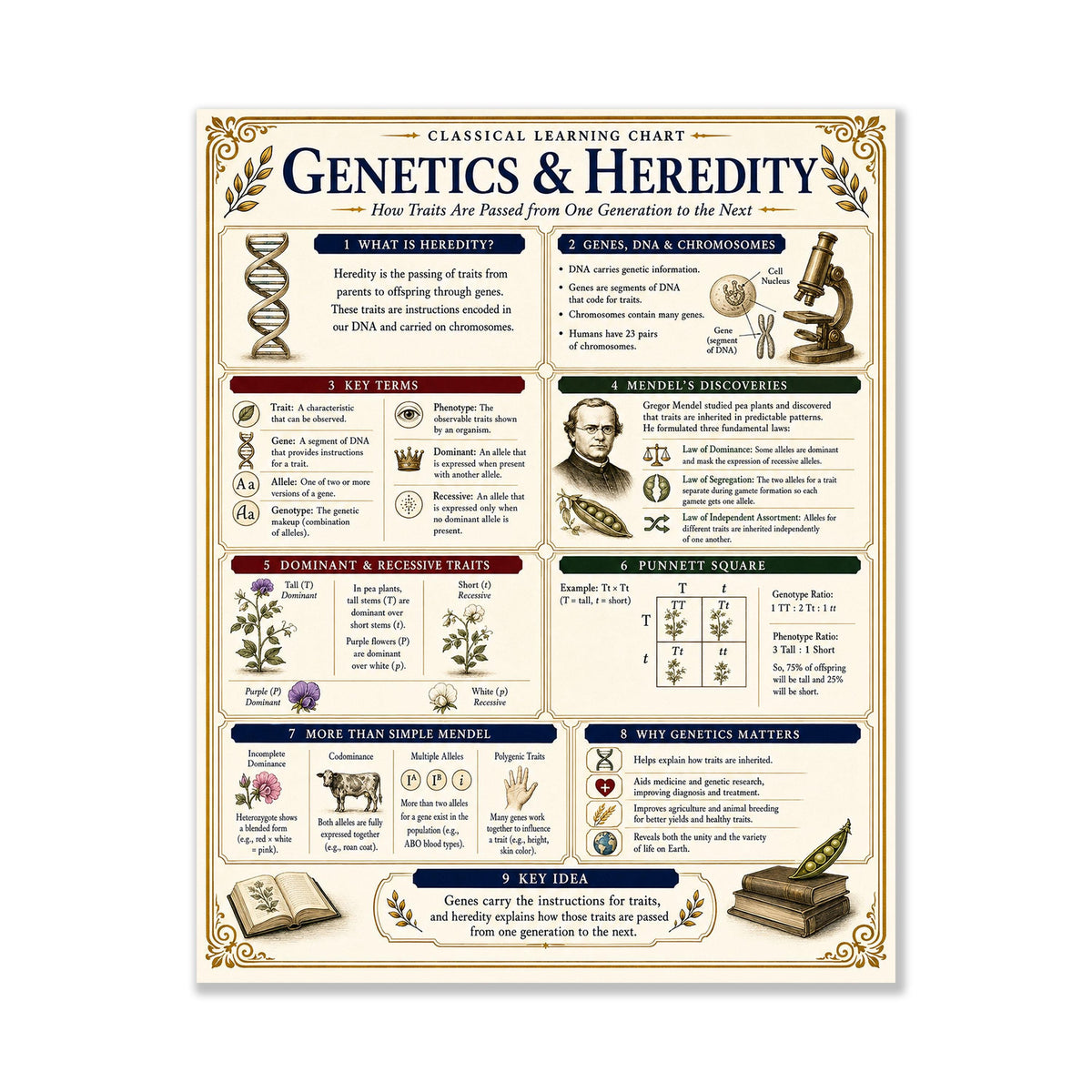 Genetics Heredity Chart Wall Art Print, Classical Learning Poster, Science Teacher Classroom Reference, Homeschool, Study Room Decor