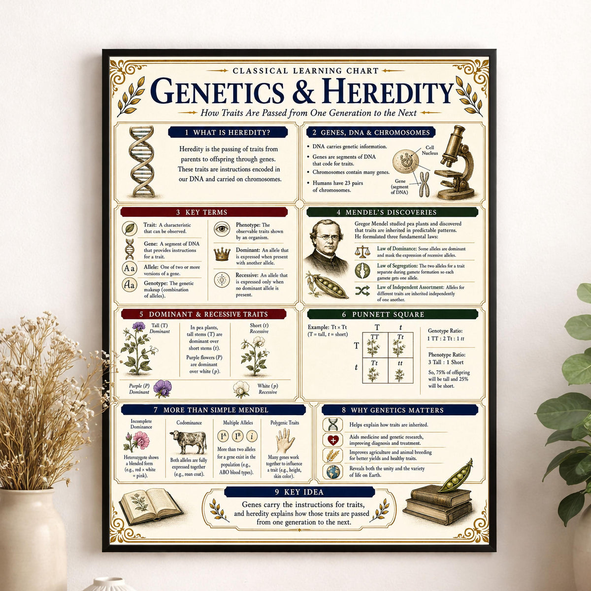 Genetics Heredity Chart Wall Art Print, Classical Learning Poster, Science Teacher Classroom Reference, Homeschool, Study Room Decor