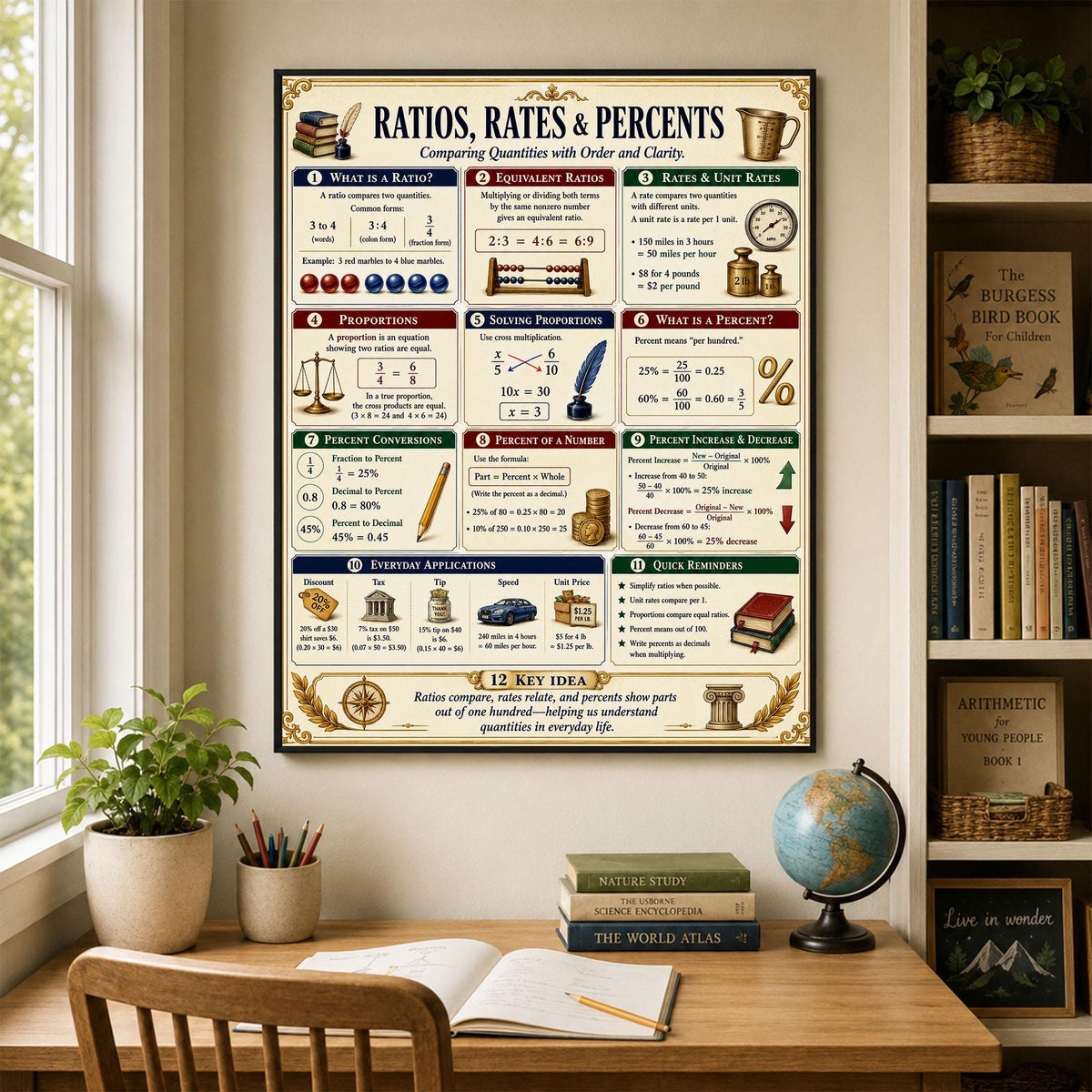 Ratio Rates Percents Math Wall Art Print, Classical Learning Chart Poster, Educational, Homeschool Classroom, Study Home Room Decor