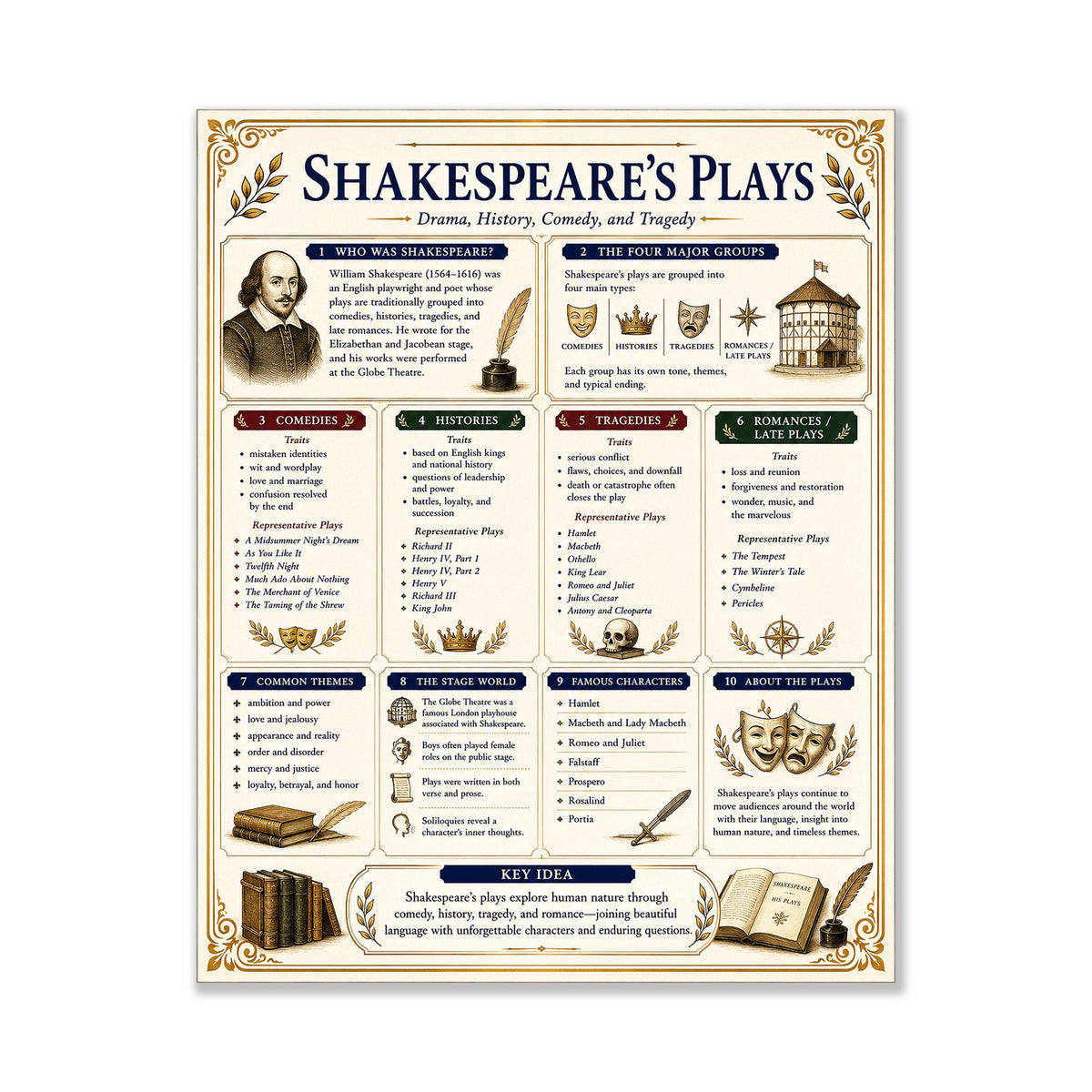 Shakespeare's Plays Chart Wall Art Print, Classical Learning Poster, Teacher Classroom Reference, Homeschool, Literary Study Room Decor