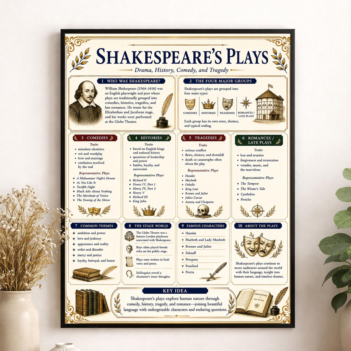 Shakespeare's Plays Chart Wall Art Print, Classical Learning Poster, Teacher Classroom Reference, Homeschool, Literary Study Room Decor