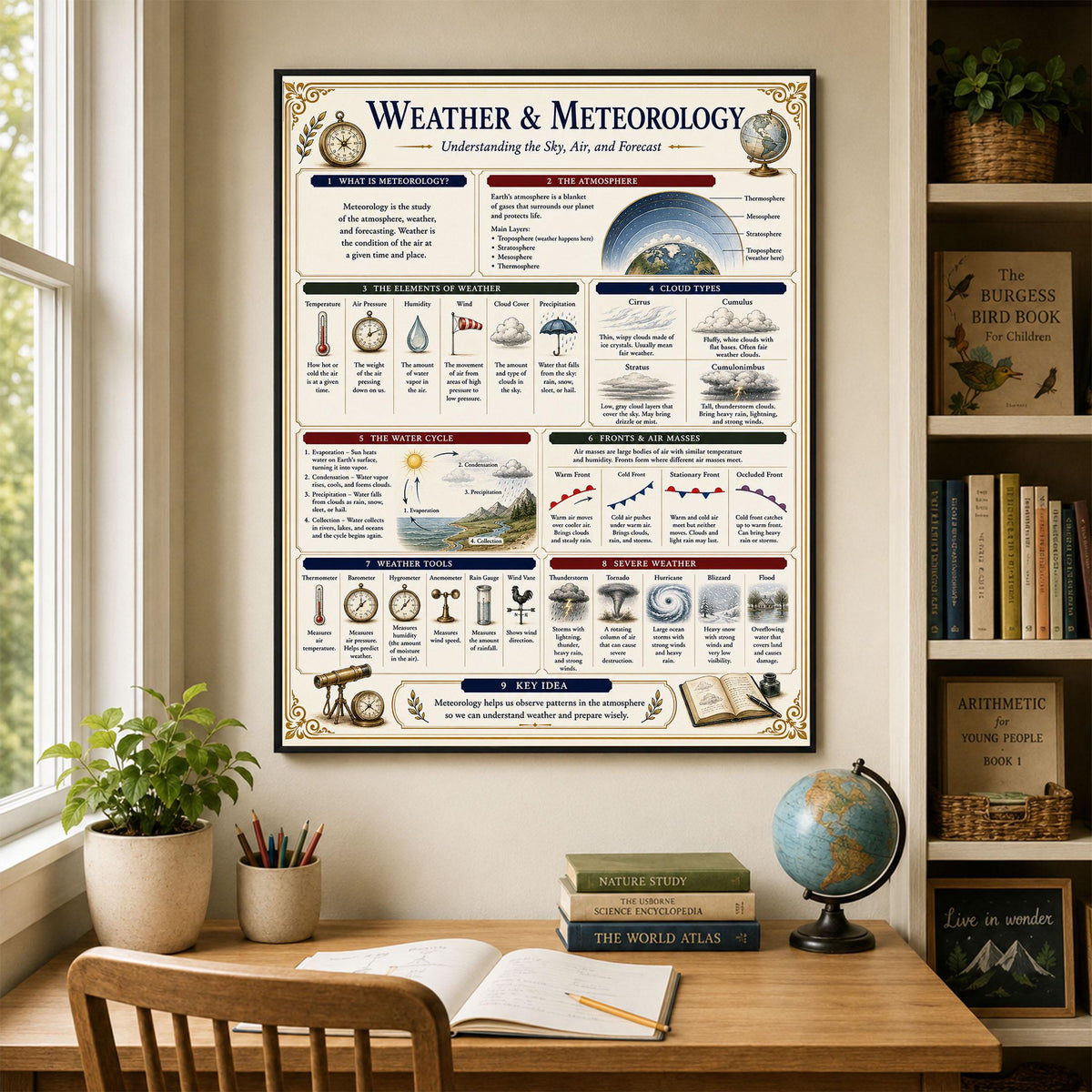 Weather and Meteorology Chart Wall Art Print, Classical Learning Poster, Science Teacher Classroom Reference, Homeschool, Study Room Decor