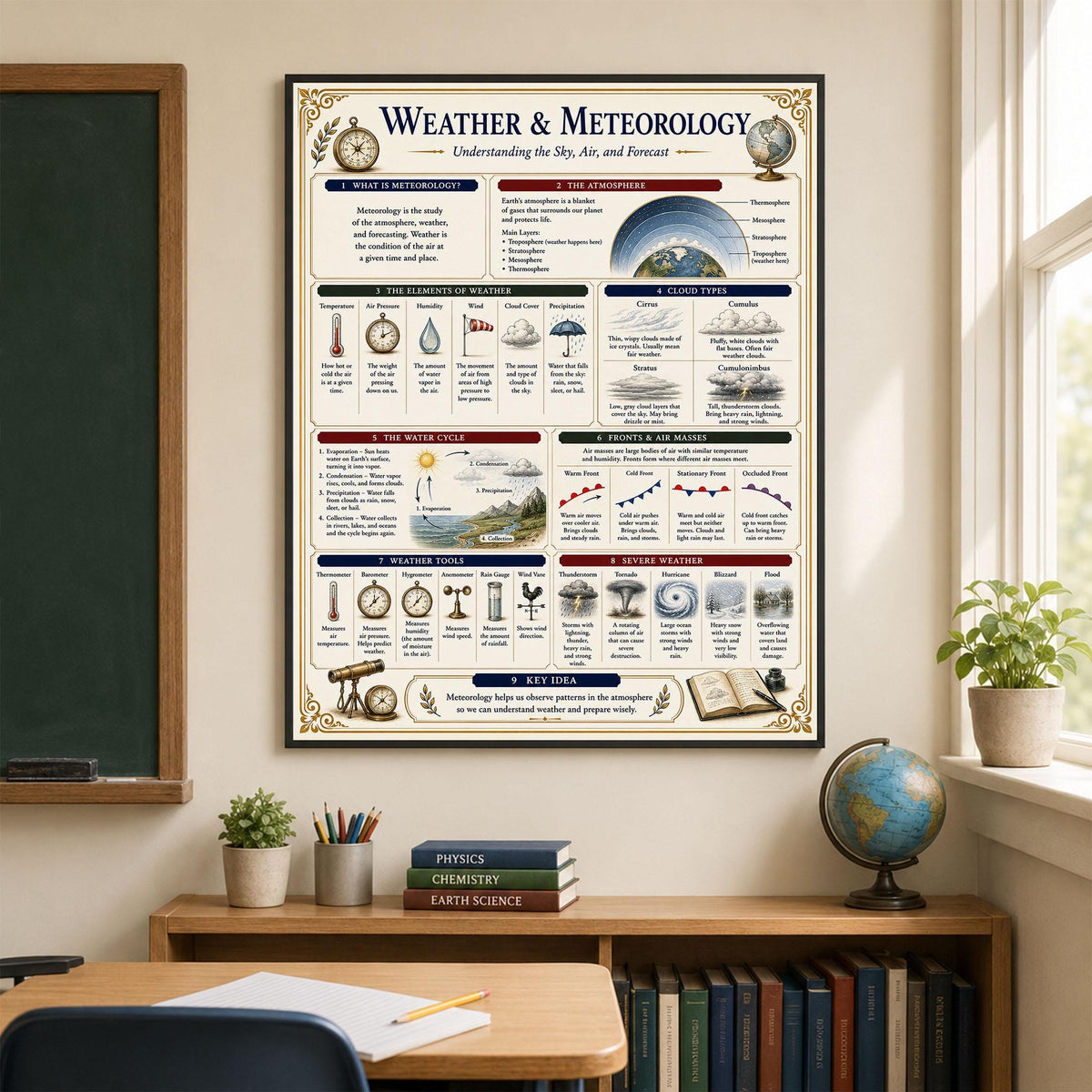 Weather and Meteorology Chart Wall Art Print, Classical Learning Poster, Science Teacher Classroom Reference, Homeschool, Study Room Decor