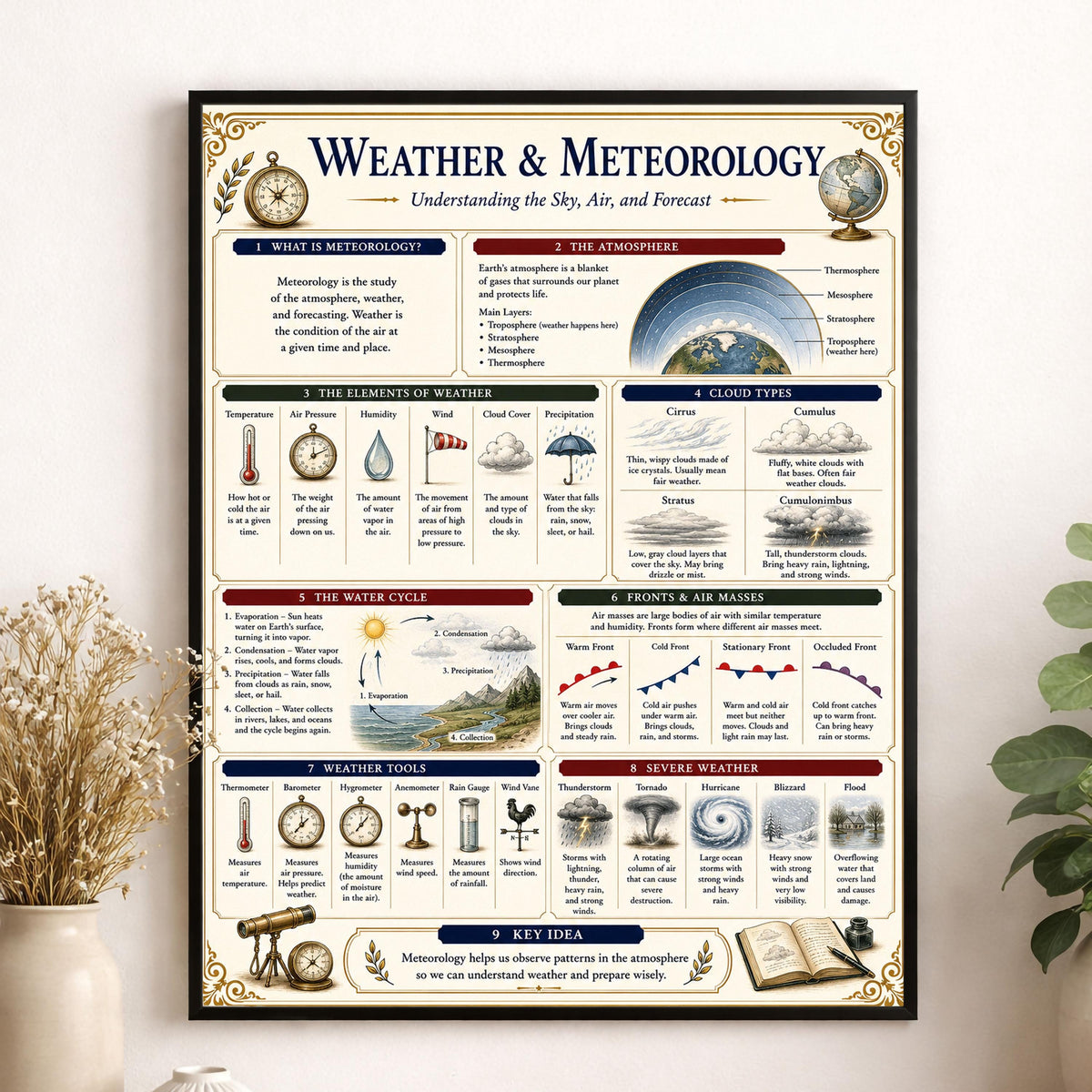 Weather and Meteorology Chart Wall Art Print, Classical Learning Poster, Science Teacher Classroom Reference, Homeschool, Study Room Decor