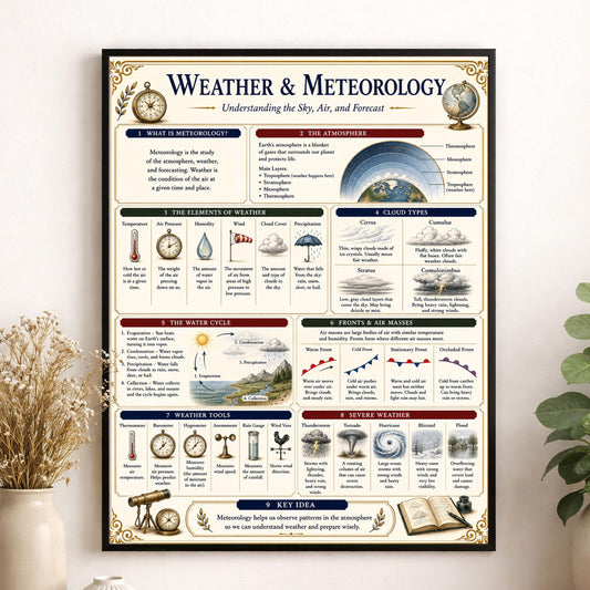 Weather and Meteorology Chart Wall Art Print, Classical Learning Poster, Science Teacher Classroom Reference, Homeschool, Study Room Decor