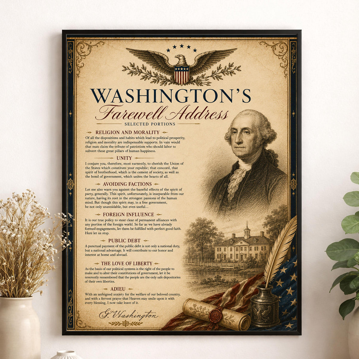 George Washington's Farewell Address Wall Art Print | Historical Americana | Vintage Home Decor