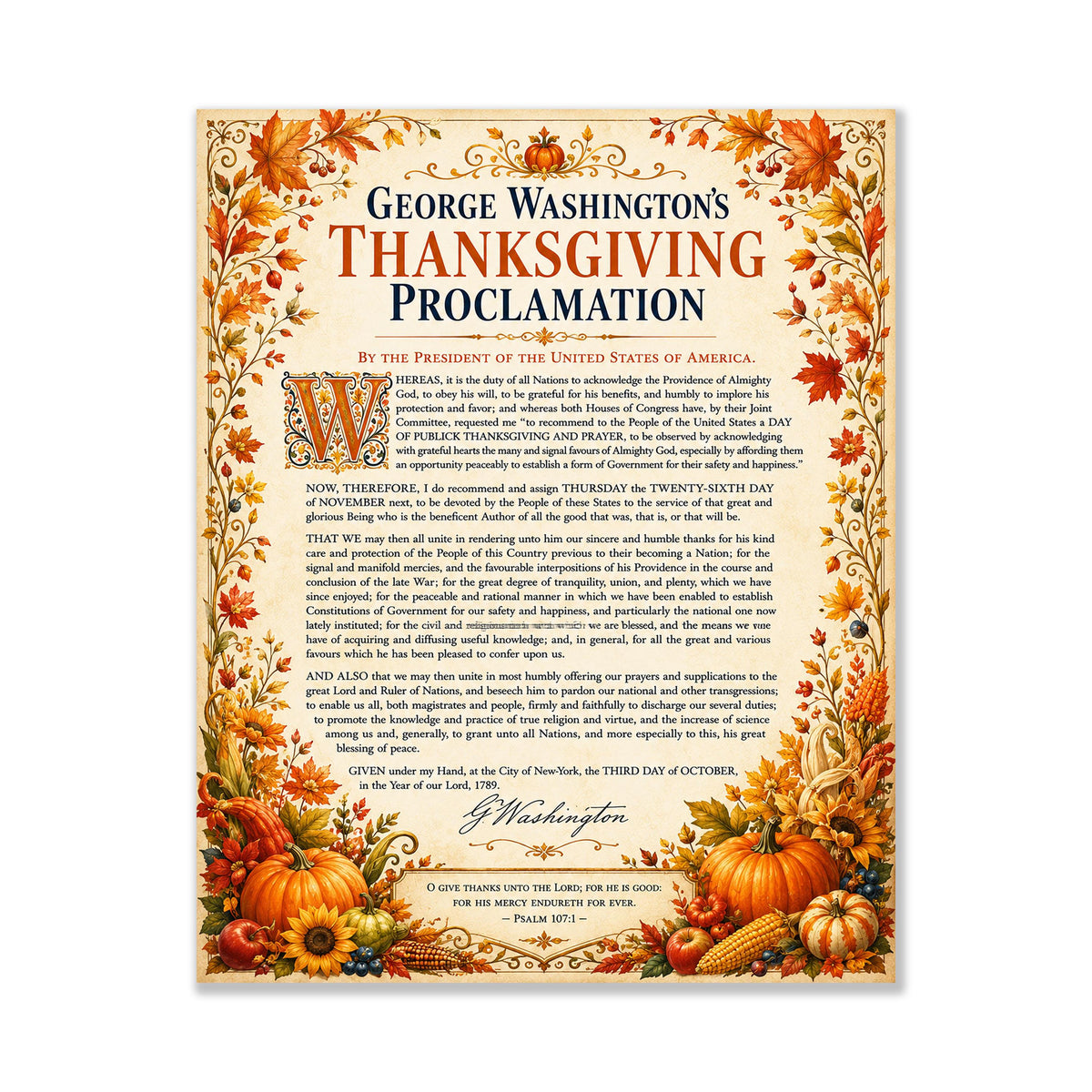 George Washington Thanksgiving Proclamation Art Print | Autumn History Quote | Home Decor
