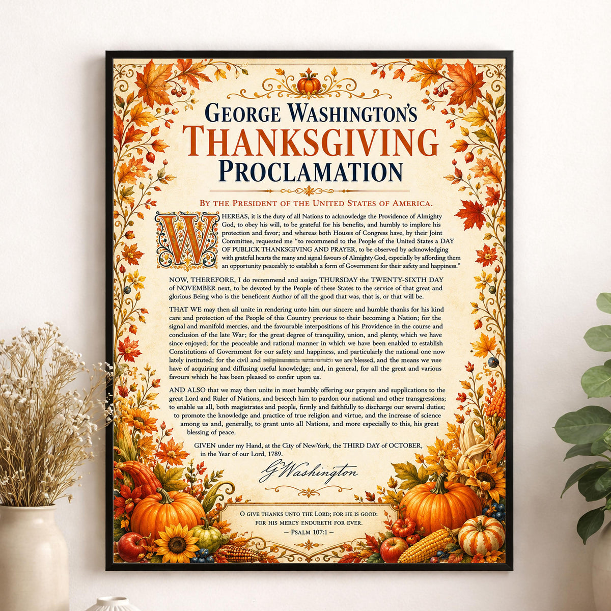 George Washington Thanksgiving Proclamation Art Print | Autumn History Quote | Home Decor