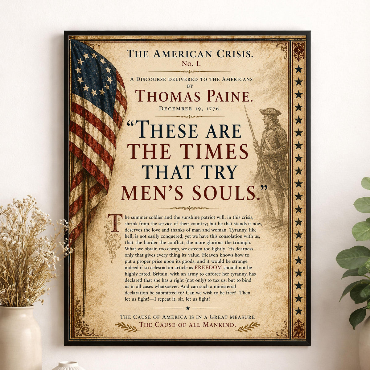 Thomas Paine American Crisis Wall Art Print | Historical Americana | Civics Classroom | Patriotic Home Decor