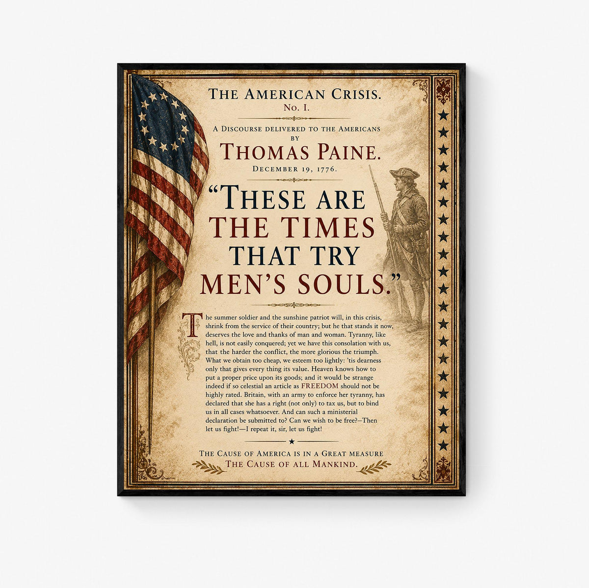 Thomas Paine American Crisis Wall Art Print | Historical Americana | Civics Classroom | Patriotic Home Decor