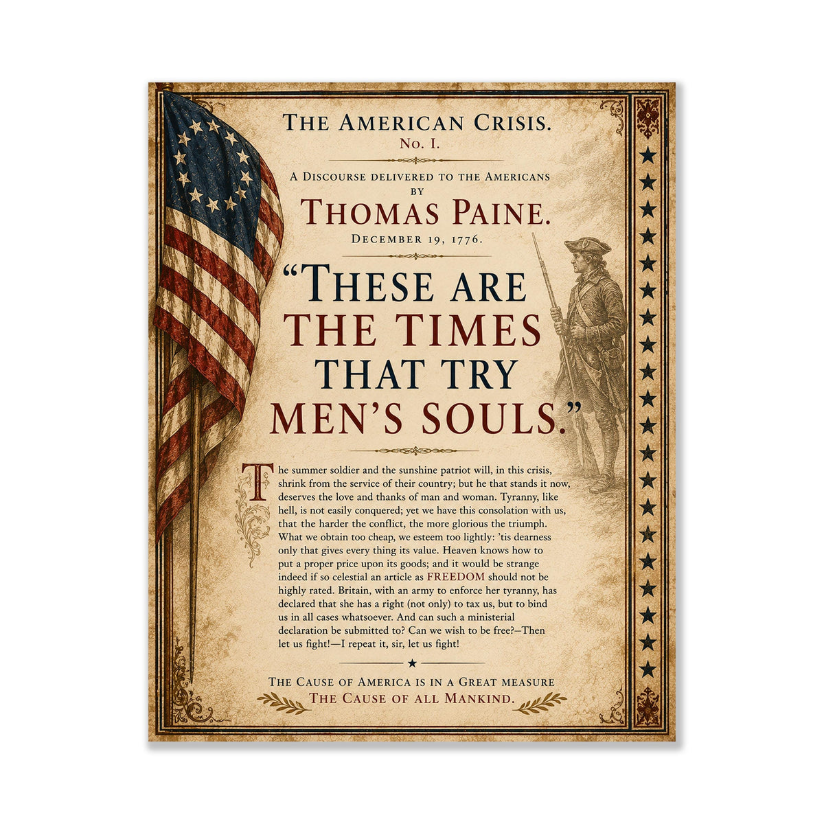 Thomas Paine American Crisis Wall Art Print | Historical Americana | Civics Classroom | Patriotic Home Decor