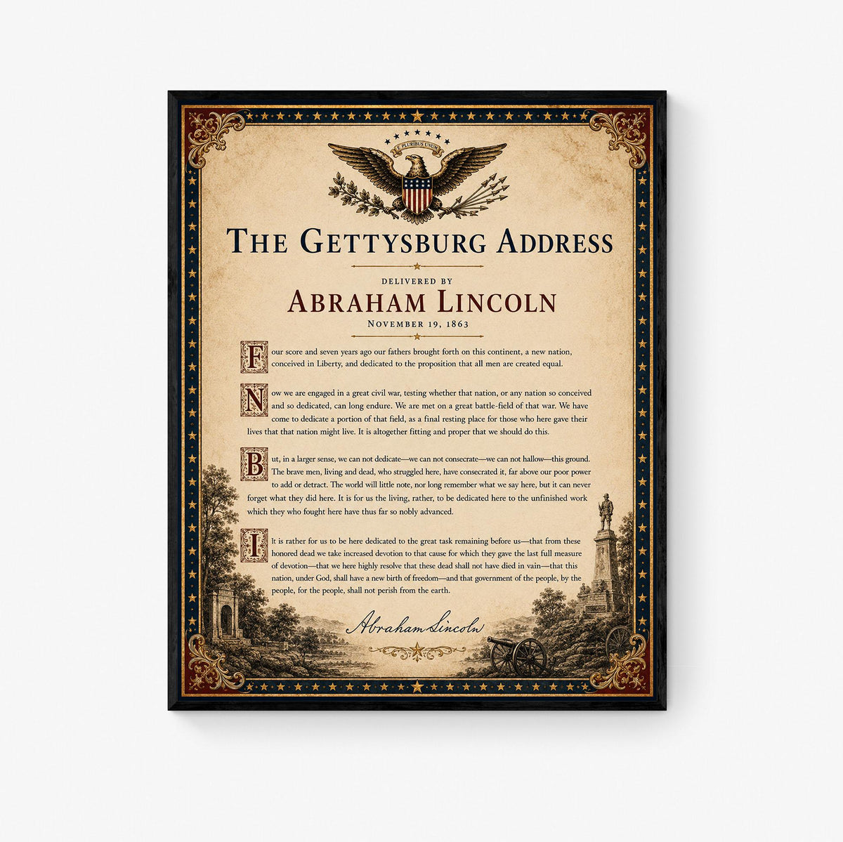 Gettysburg Address Wall Art Print | Abraham Lincoln | American Civil War | History Patriotic Beige Home Decor