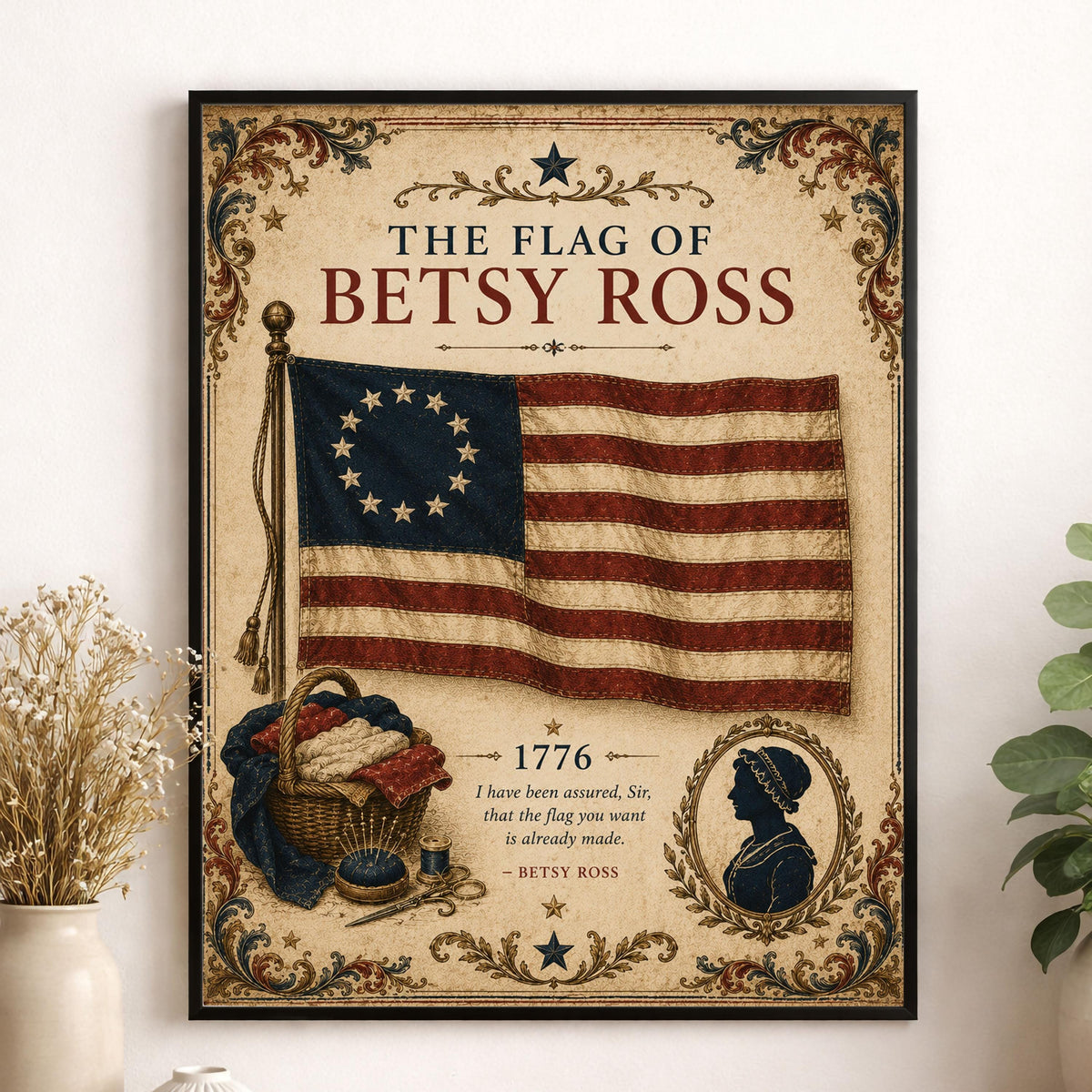 1776 Thirteen-Star American Flag Print, Betsy Ross Inspired, Vintage Patriotic Art