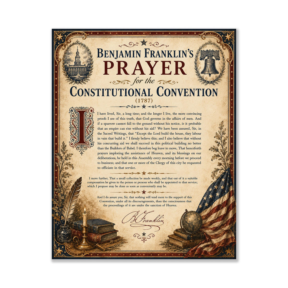 Benjamin Franklin Prayer Art Print | Constitutional Convention | American History | USA Home Decor