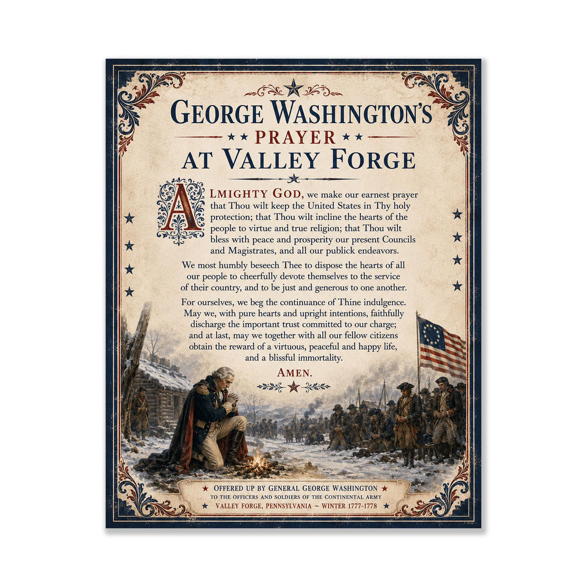 George Washington Prayer Art Print | Valley Forge | American History | USA Home Decor