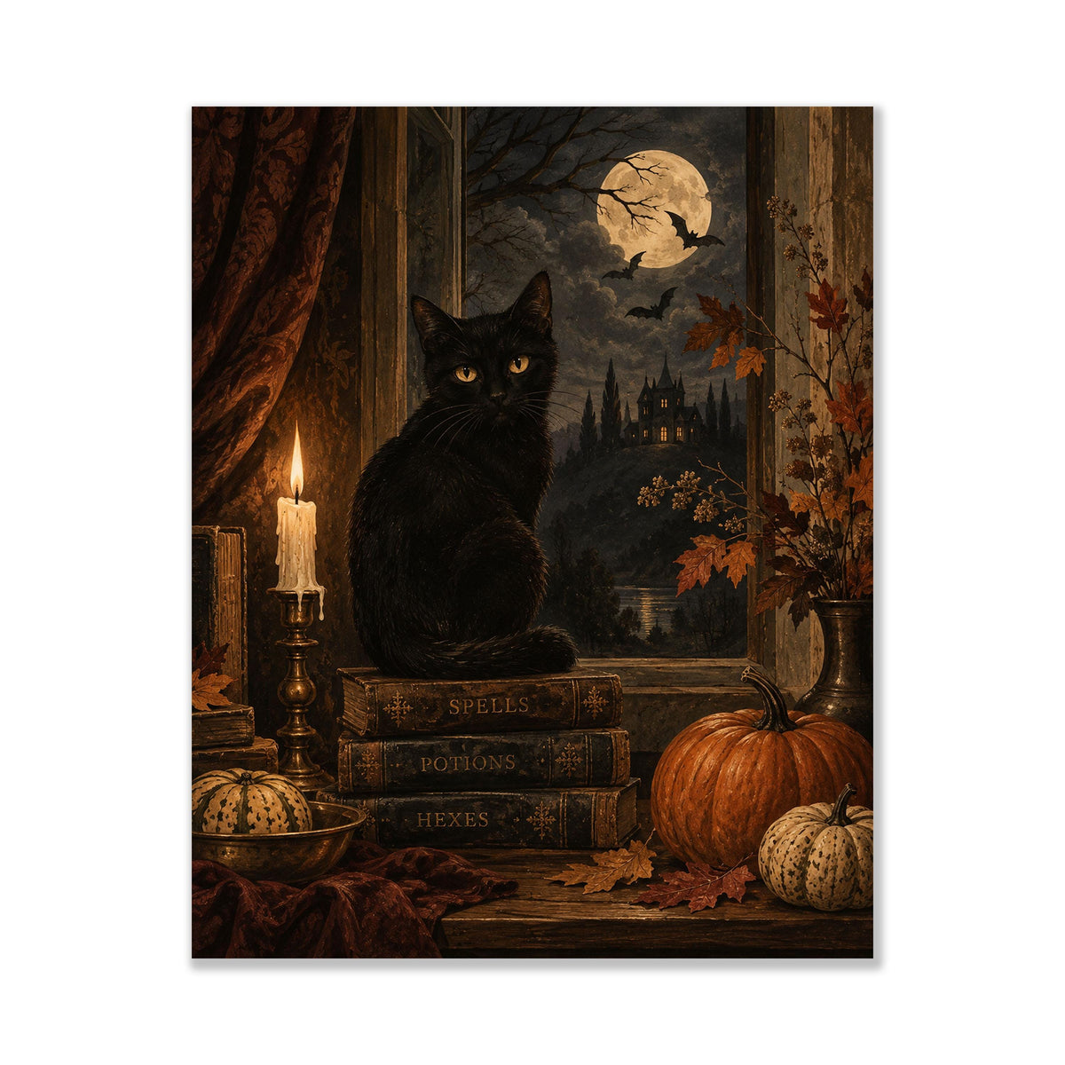 Gothic Black Cat Art Print, Halloween, Autumn Moonlit Window, Fall Home Decor