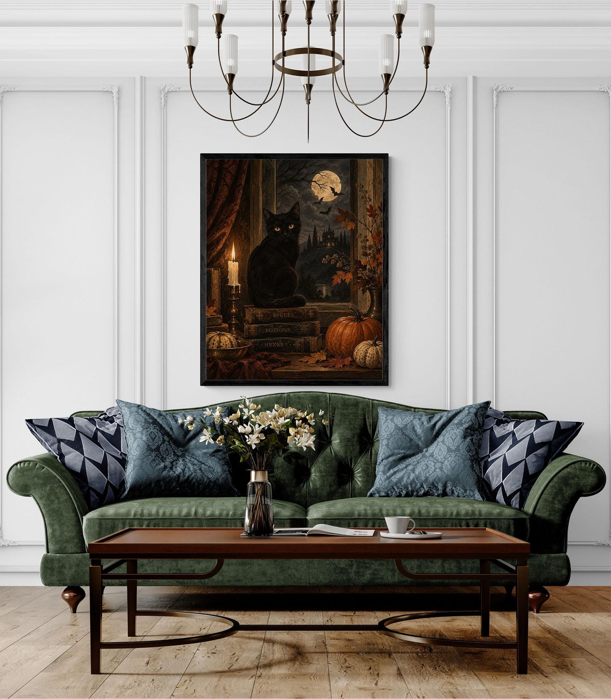 Gothic Black Cat Art Print, Halloween, Autumn Moonlit Window, Fall Home Decor