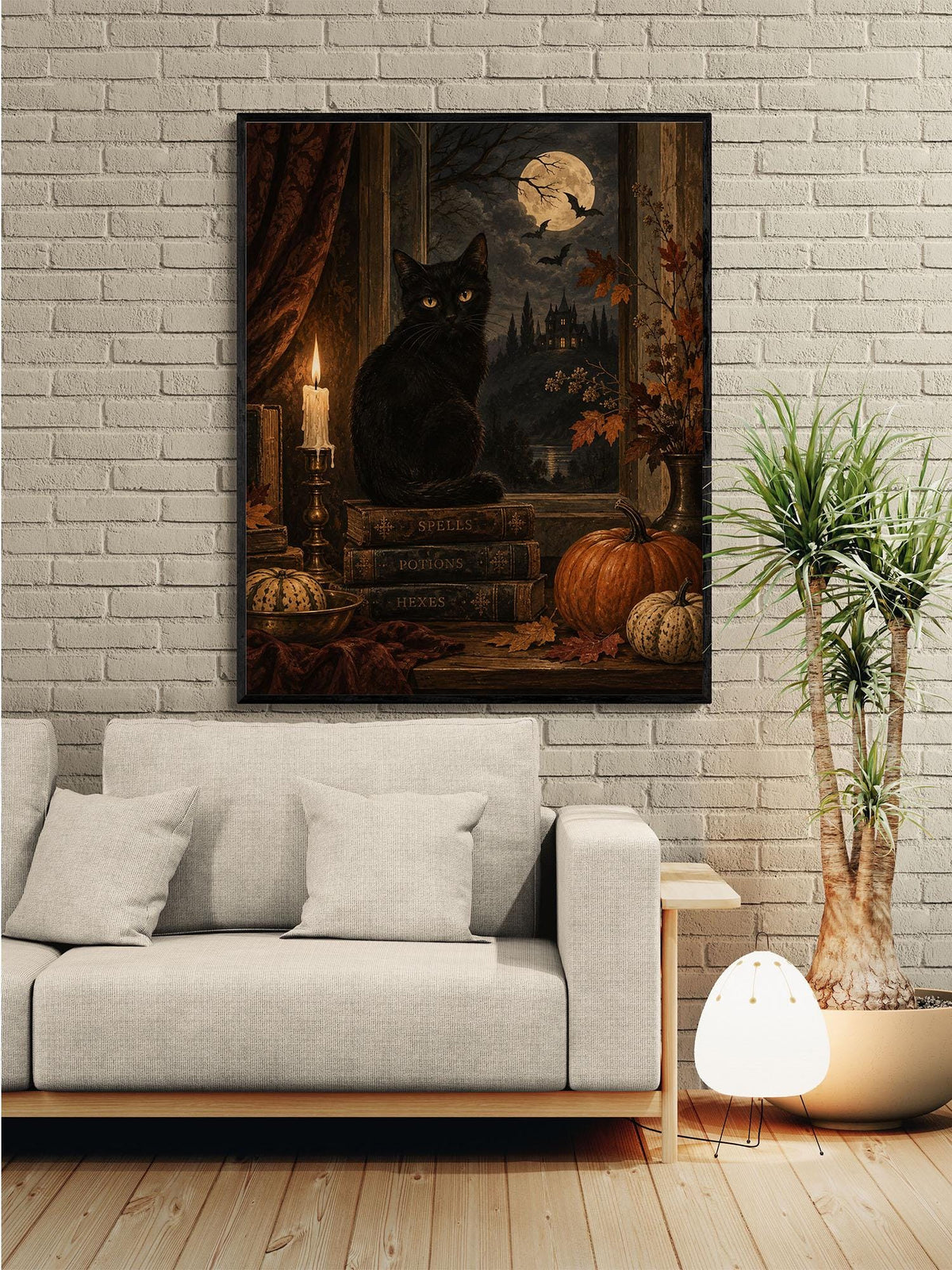 Gothic Black Cat Art Print, Halloween, Autumn Moonlit Window, Fall Home Decor