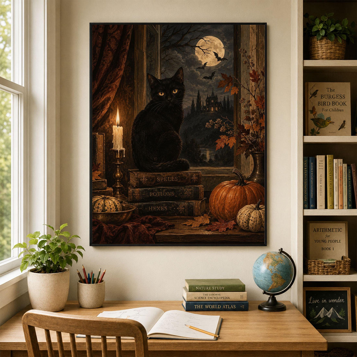 Gothic Black Cat Art Print, Halloween, Autumn Moonlit Window, Fall Home Decor