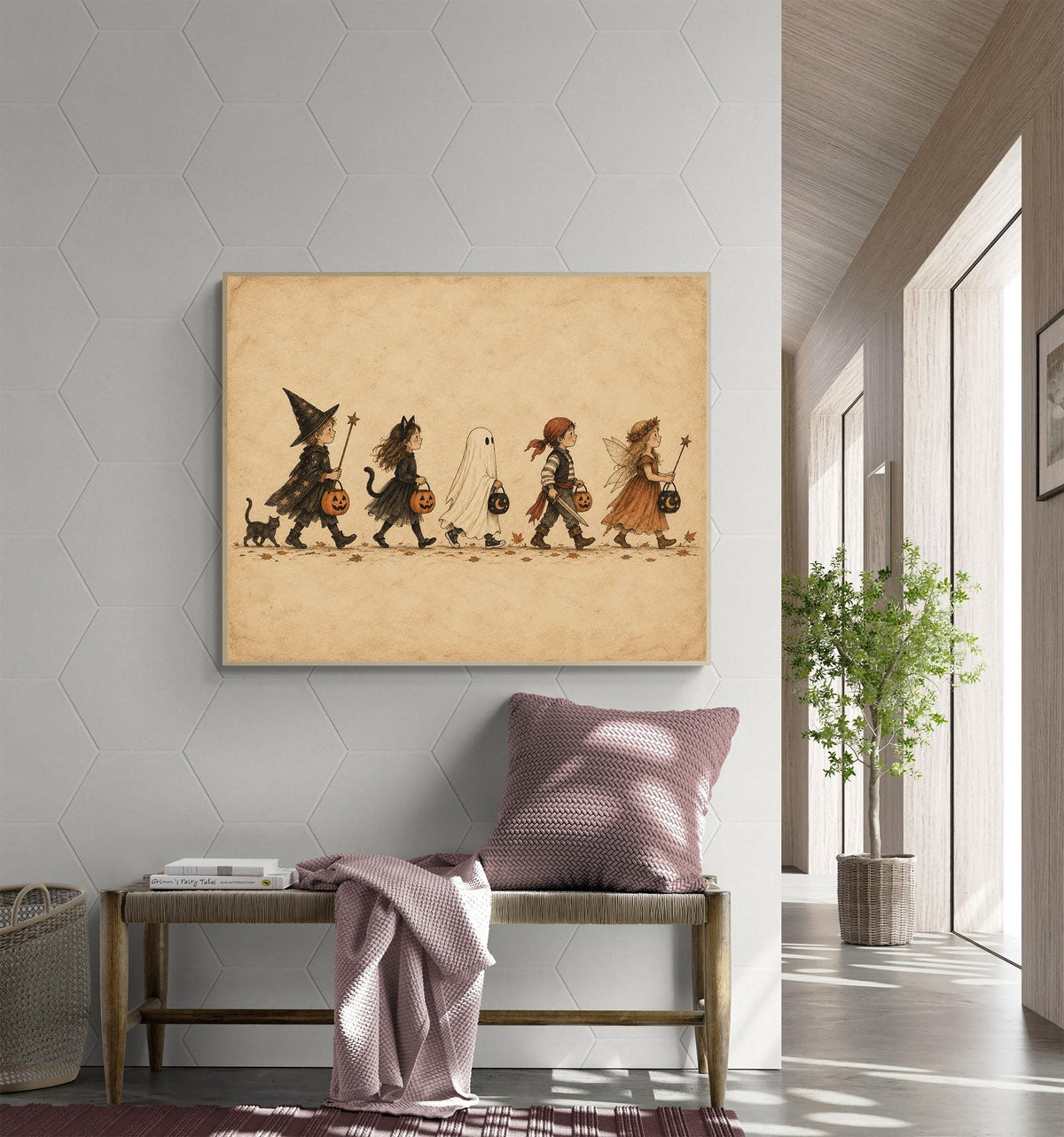 Vintage Trick or Treat Art Print, Halloween Costume Children, Storybook Fall Home Decor