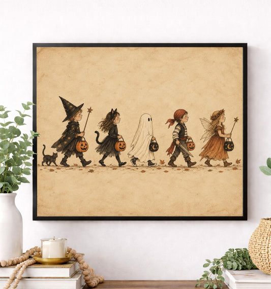 Vintage Trick or Treat Art Print, Halloween Costume Children, Storybook Fall Home Decor