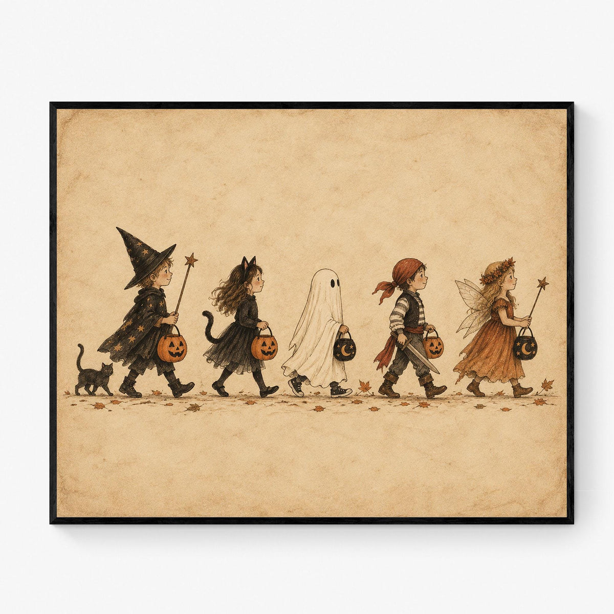 Vintage Trick or Treat Art Print, Halloween Costume Children, Storybook Fall Home Decor