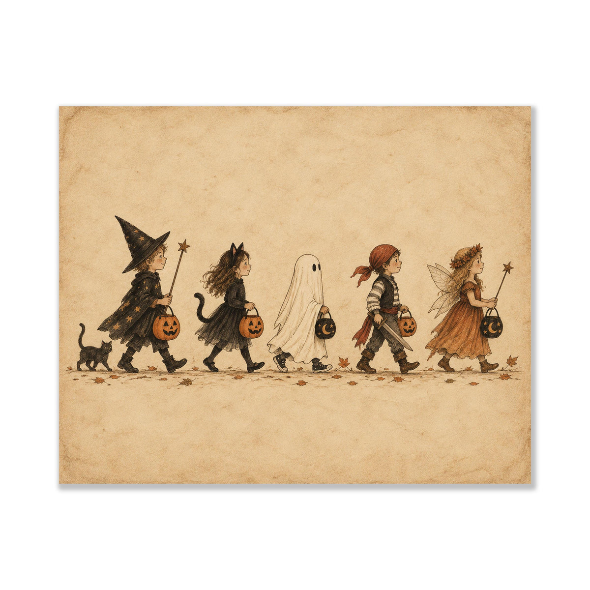 Vintage Trick or Treat Art Print, Halloween Costume Children, Storybook Fall Home Decor