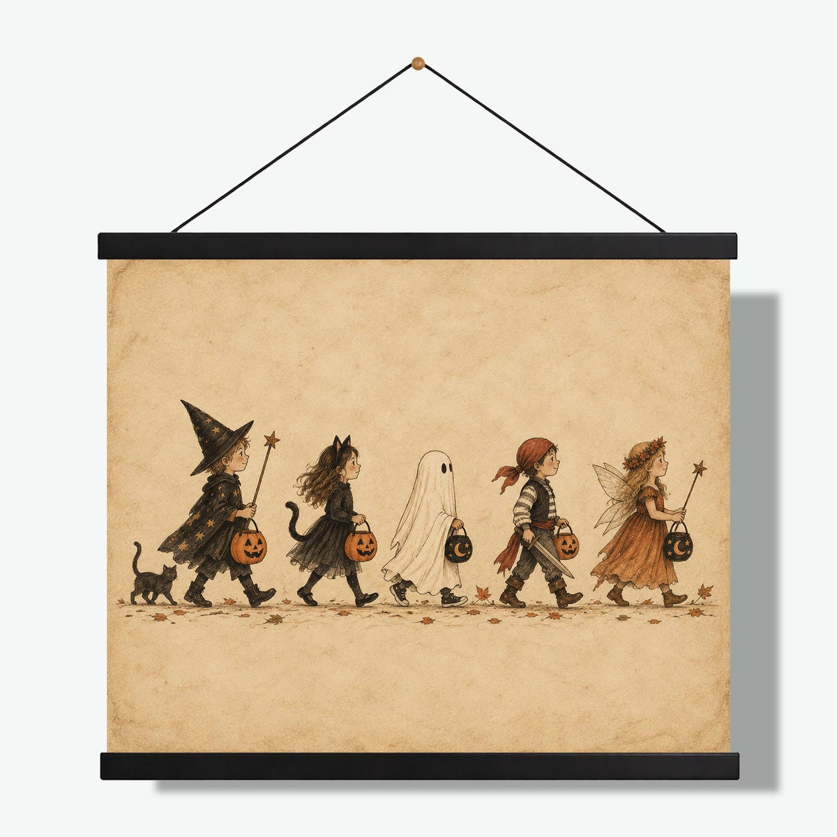 Vintage Trick or Treat Art Print, Halloween Costume Children, Storybook Fall Home Decor