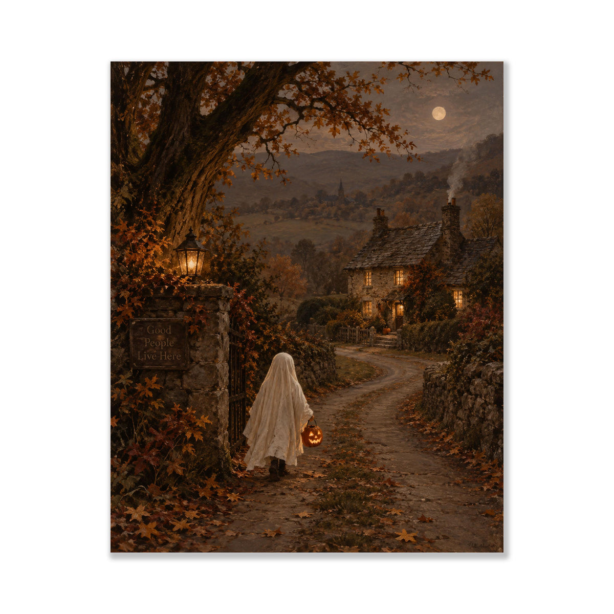 Vintage Ghost Trick or Treat Art Print, Halloween Costume Children, Cottage Fall Home Decor