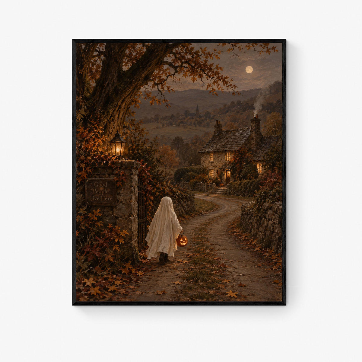 Vintage Ghost Trick or Treat Art Print, Halloween Costume Children, Cottage Fall Home Decor