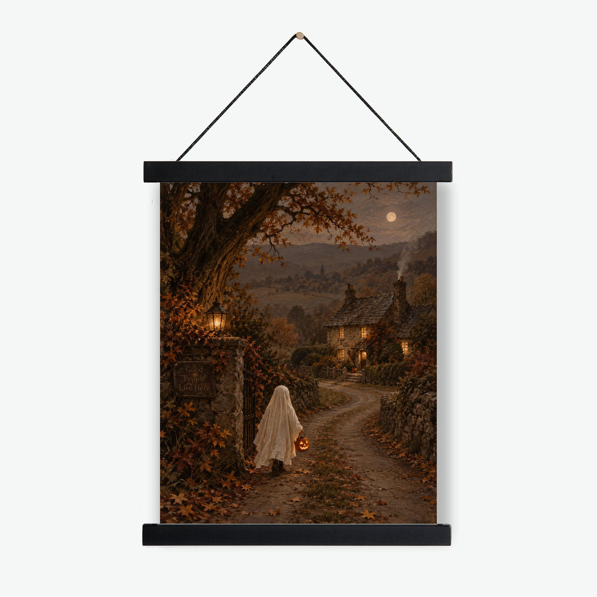 Vintage Ghost Trick or Treat Art Print, Halloween Costume Children, Cottage Fall Home Decor