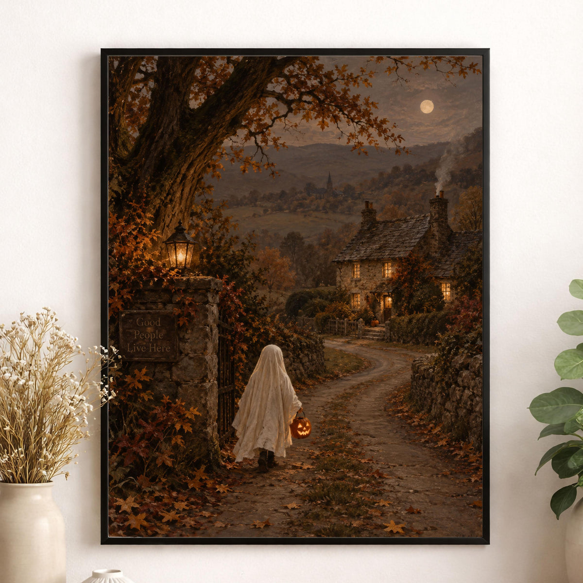 Vintage Ghost Trick or Treat Art Print, Halloween Costume Children, Cottage Fall Home Decor