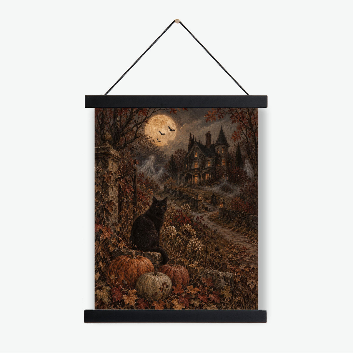 Black Cat Art Print, Halloween, Haunted Mansion, Autumn Moonlit Window, Fall Home Decor
