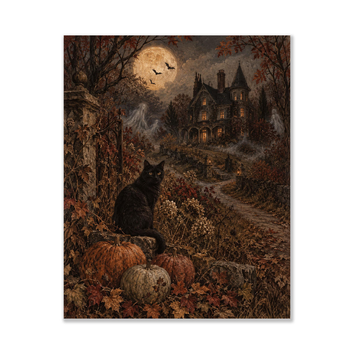 Black Cat Art Print, Halloween, Haunted Mansion, Autumn Moonlit Window, Fall Home Decor