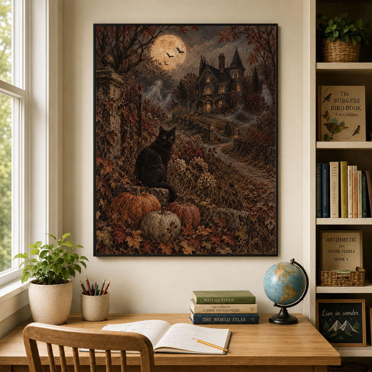 Black Cat Art Print, Halloween, Haunted Mansion, Autumn Moonlit Window, Fall Home Decor