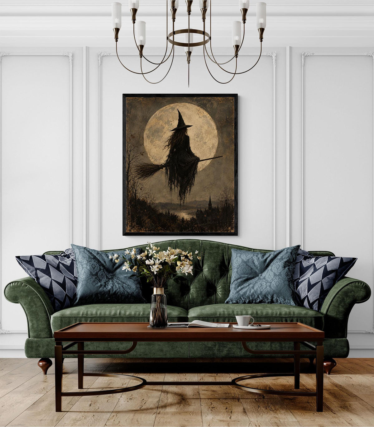 Gothic Witch Moon Art Print, Vintage Halloween, Broomstick, Landscape Wall Home Decor