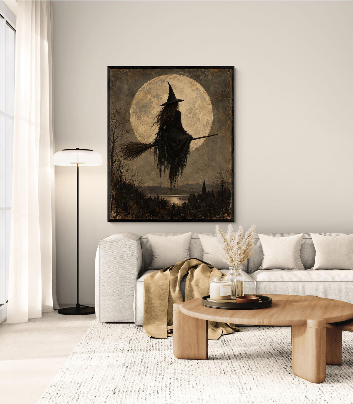 Gothic Witch Moon Art Print, Vintage Halloween, Broomstick, Landscape Wall Home Decor