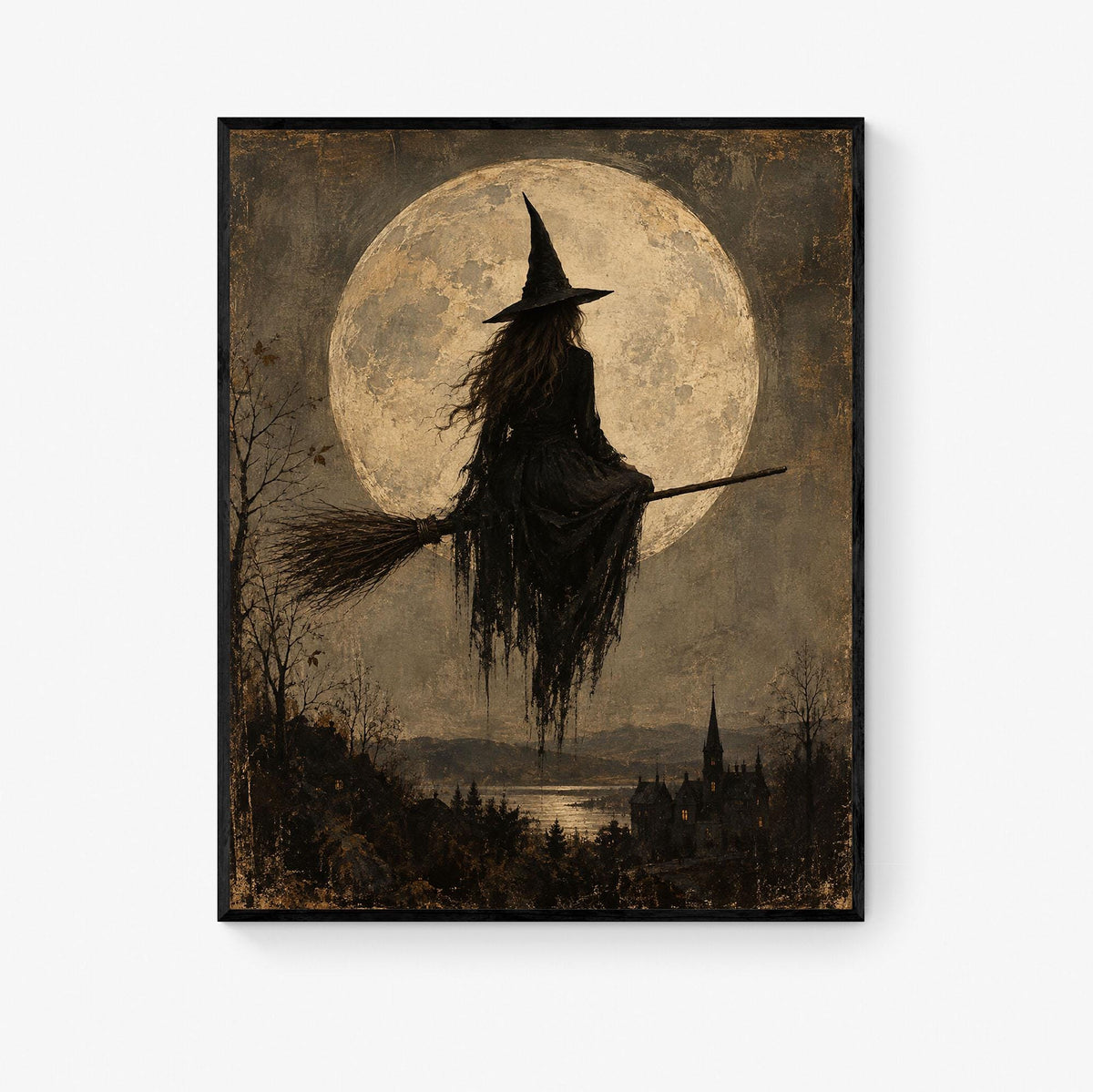 Gothic Witch Moon Art Print, Vintage Halloween, Broomstick, Landscape Wall Home Decor